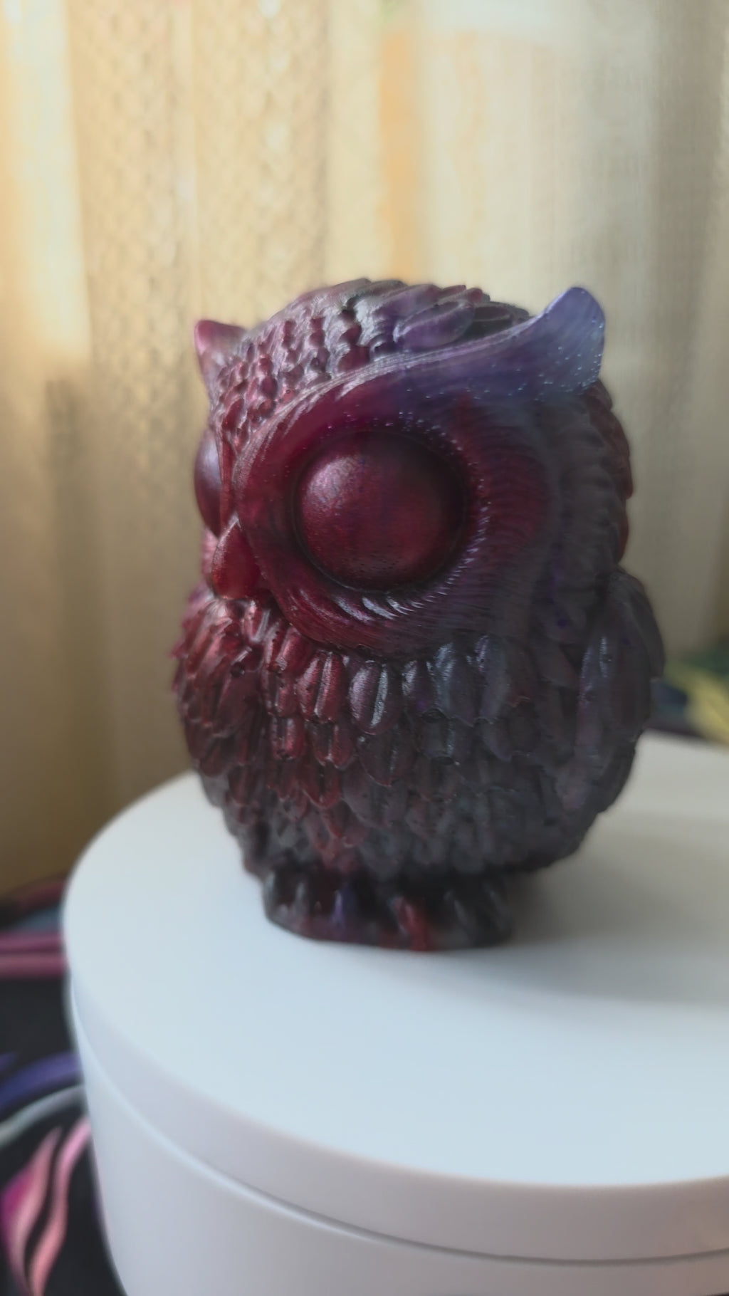 Mystical Owl Sculpture – Handmade Resin Owl Ornament | Burgundy & Black