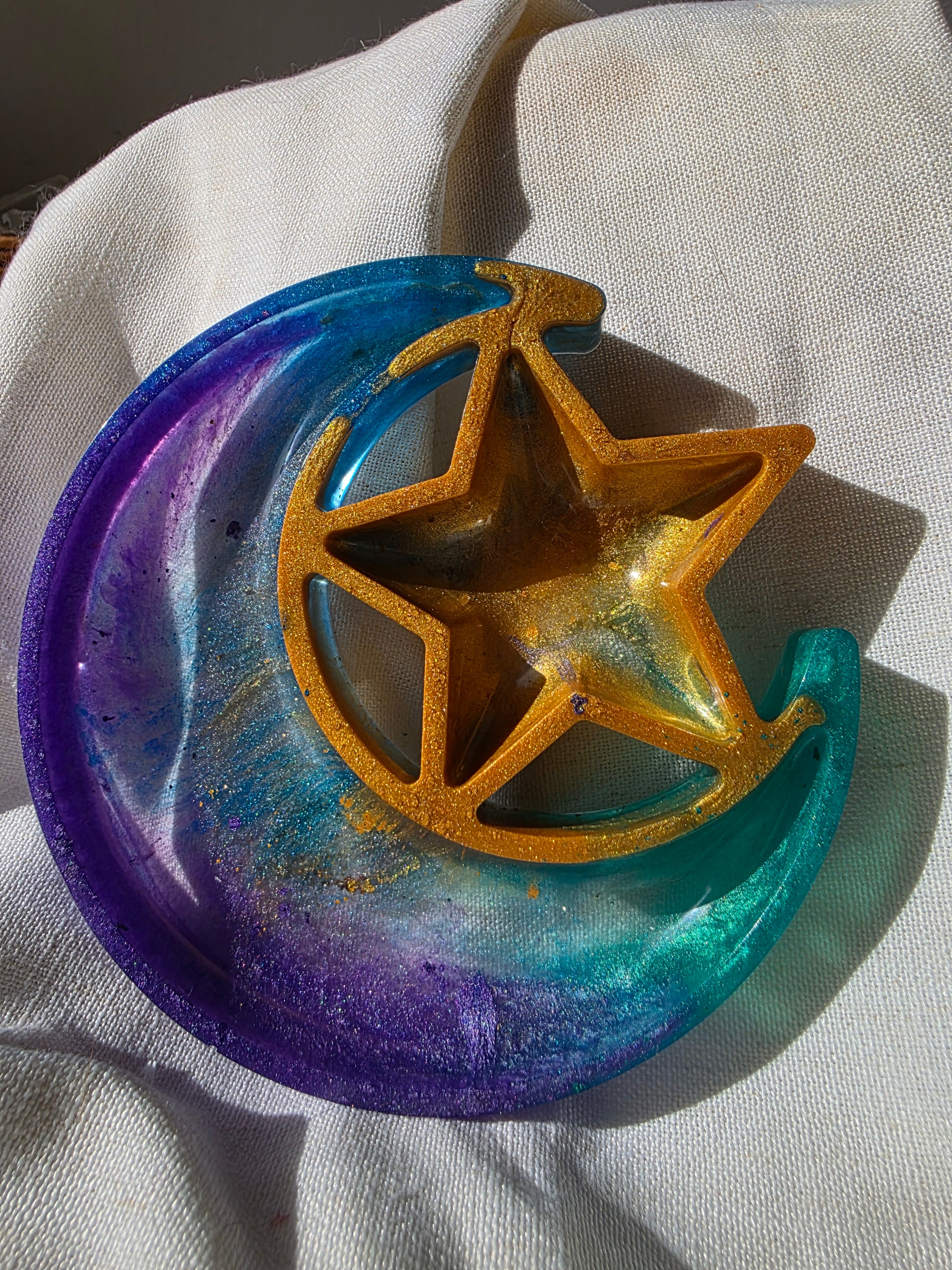 Celestial Moon & Star Trinket Dish | Handmade Resin Crystal Tray | Spiritual Decor & Jewellery Holder