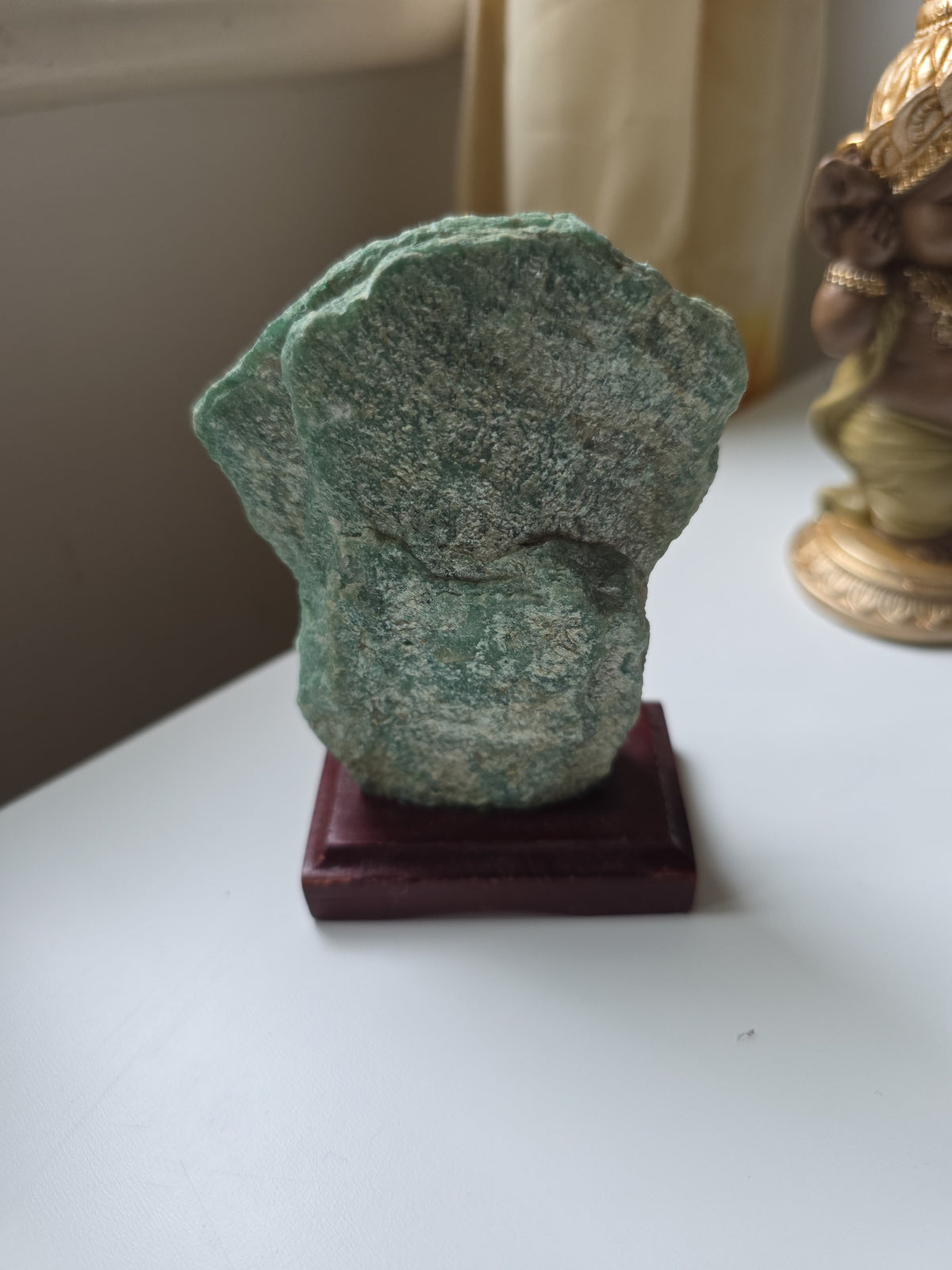 Natural Raw Fuchsite on Wooden Stand | Green Mica Mineral Specimen
