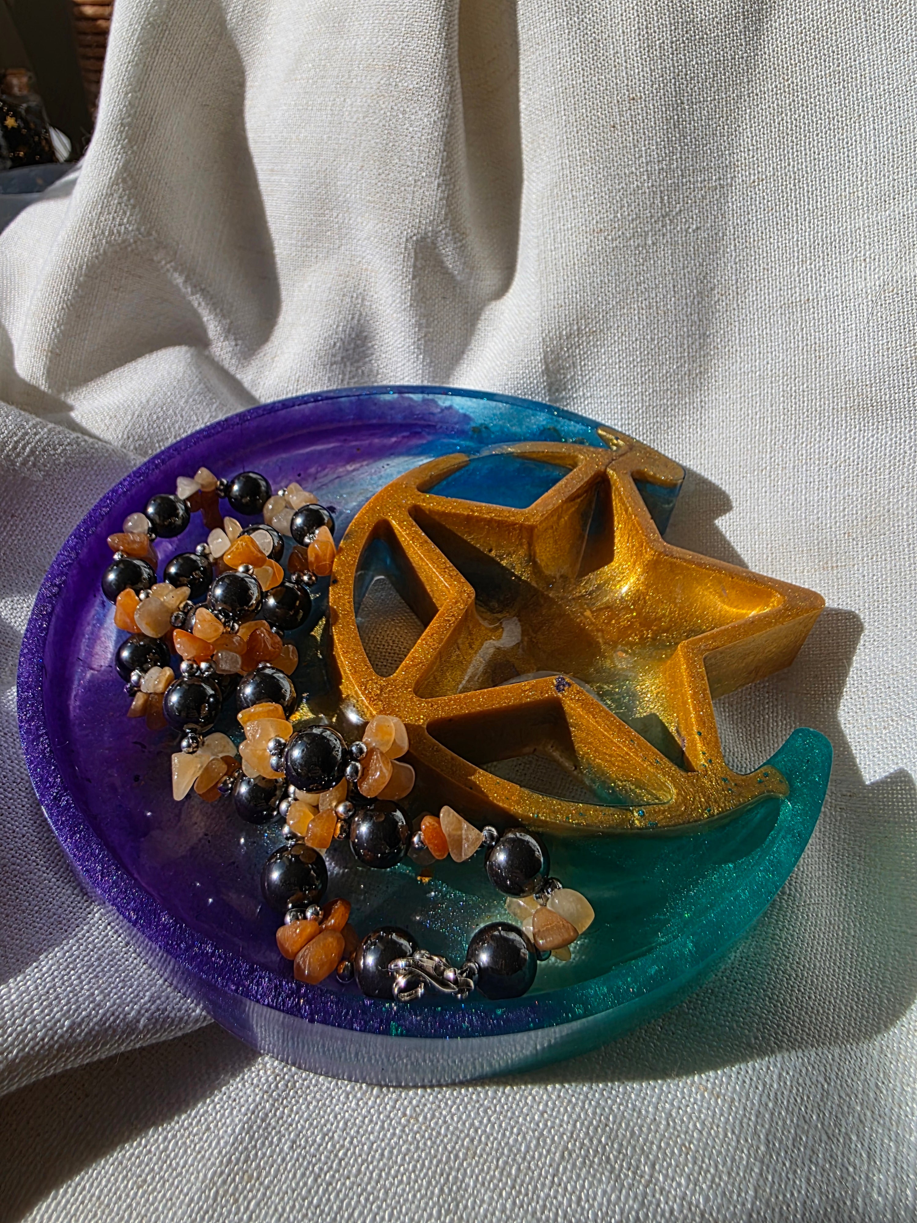 Celestial Moon & Star Trinket Dish | Handmade Resin Crystal Tray | Spiritual Decor & Jewellery Holder