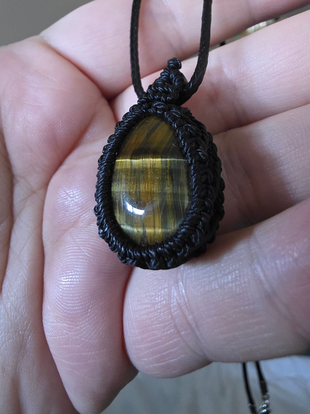 Tiger’s Eye Crystal Necklace – Black Macramé Wrapped Stone Pendant