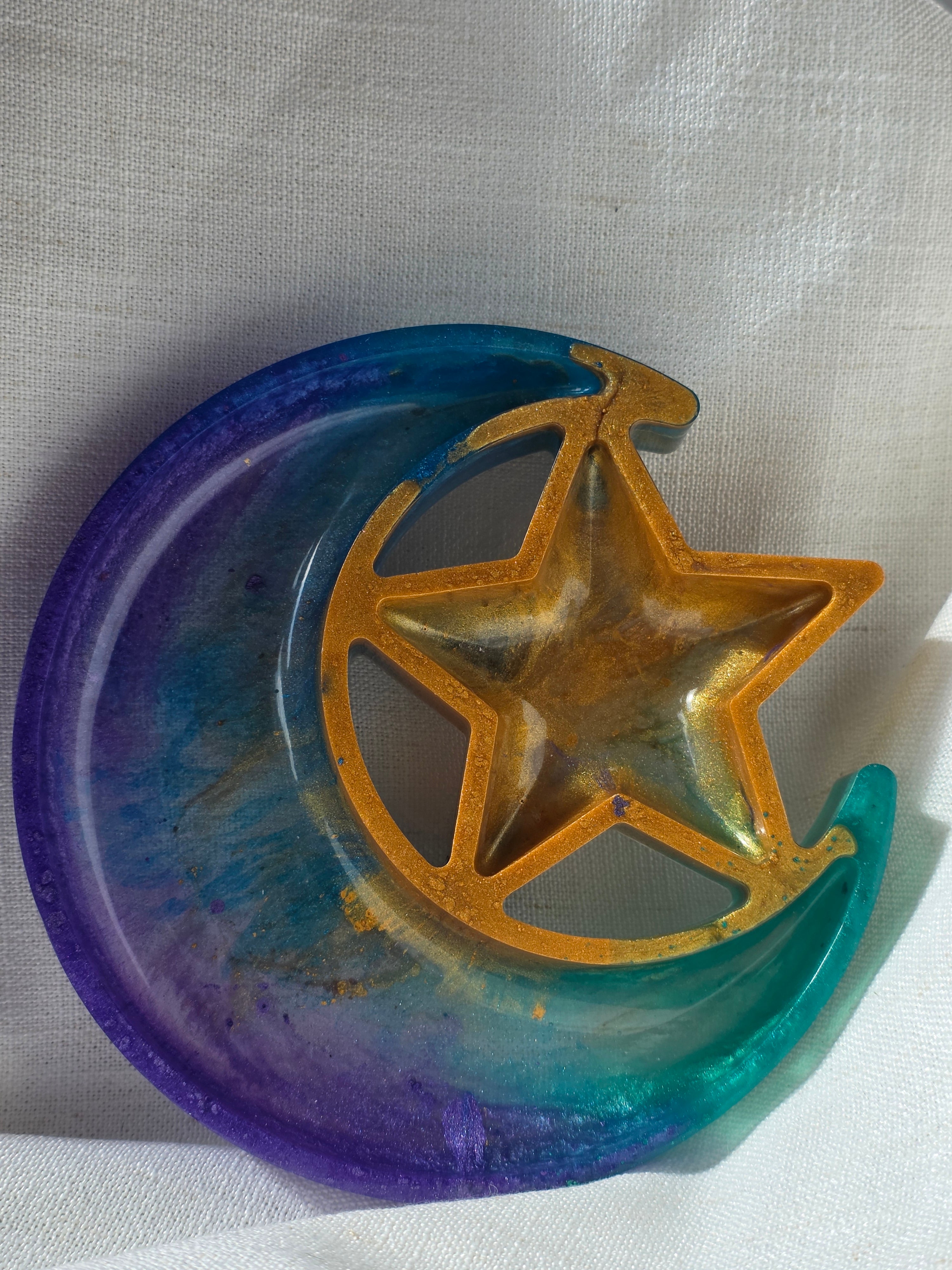 Celestial Moon & Star Trinket Dish | Handmade Resin Crystal Tray | Spiritual Decor & Jewellery Holder