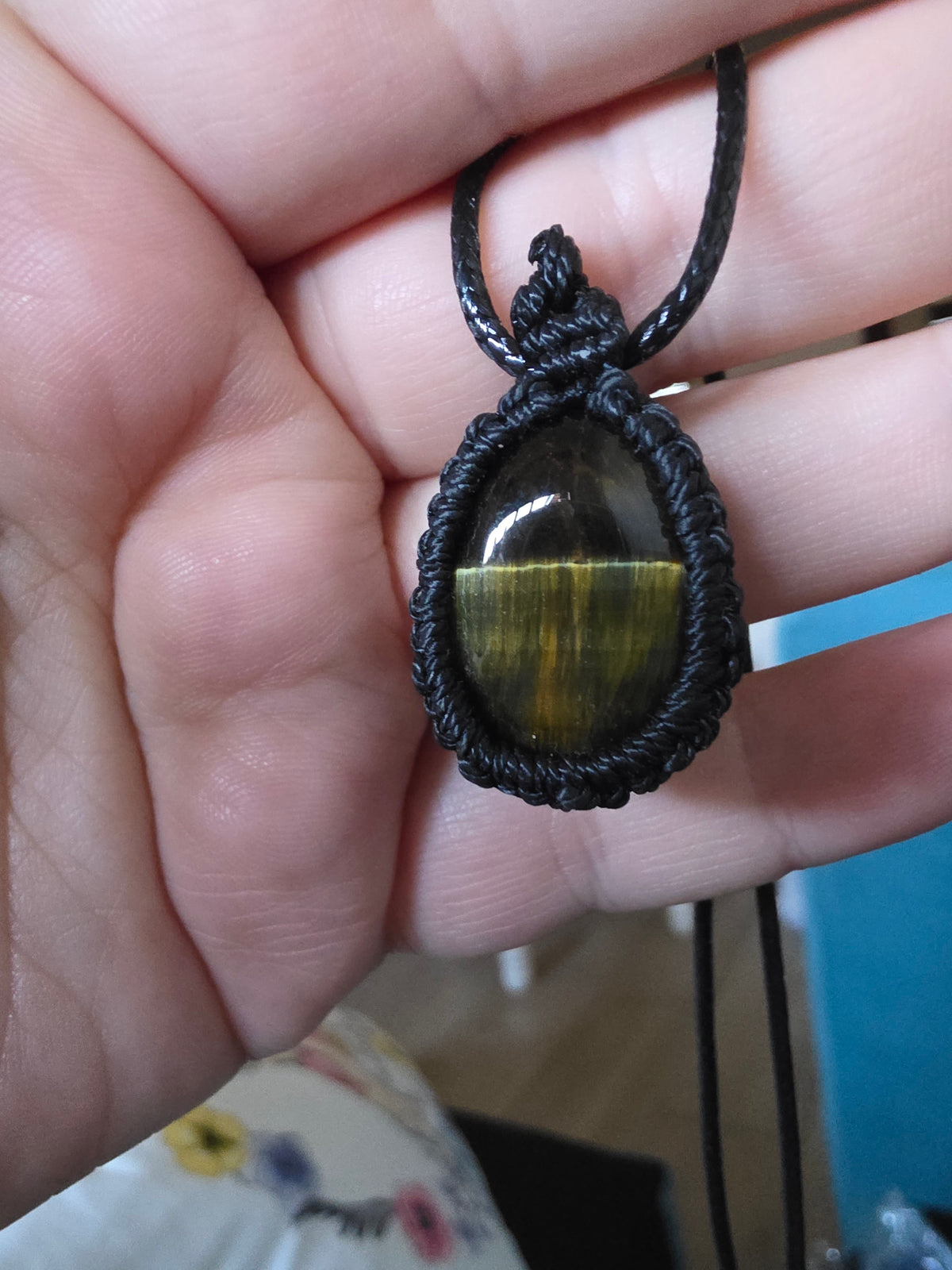 Tiger’s Eye Crystal Necklace – Black Macramé Wrapped Stone Pendant