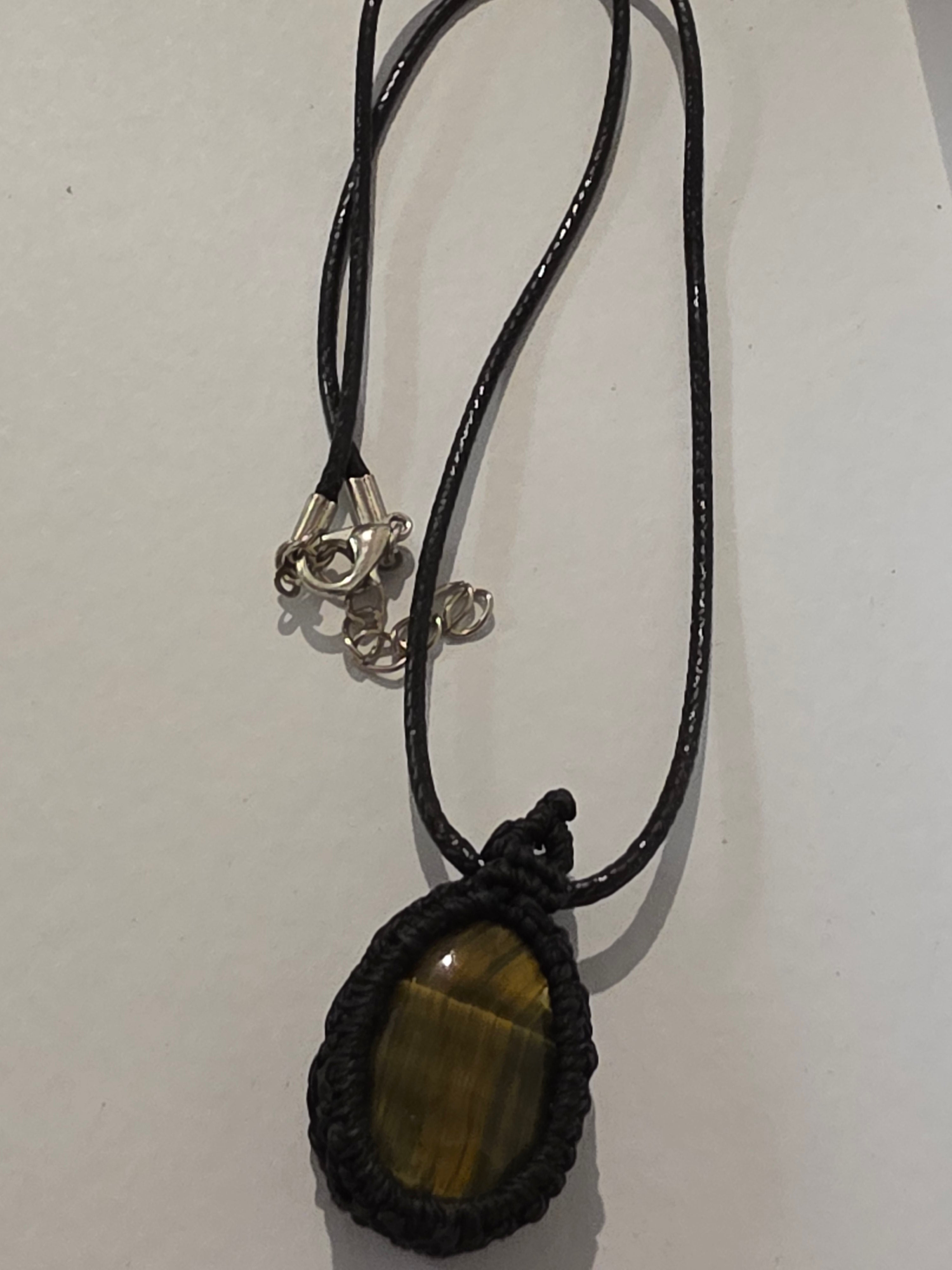 Tiger’s Eye Crystal Necklace – Black Macramé Wrapped Stone Pendant