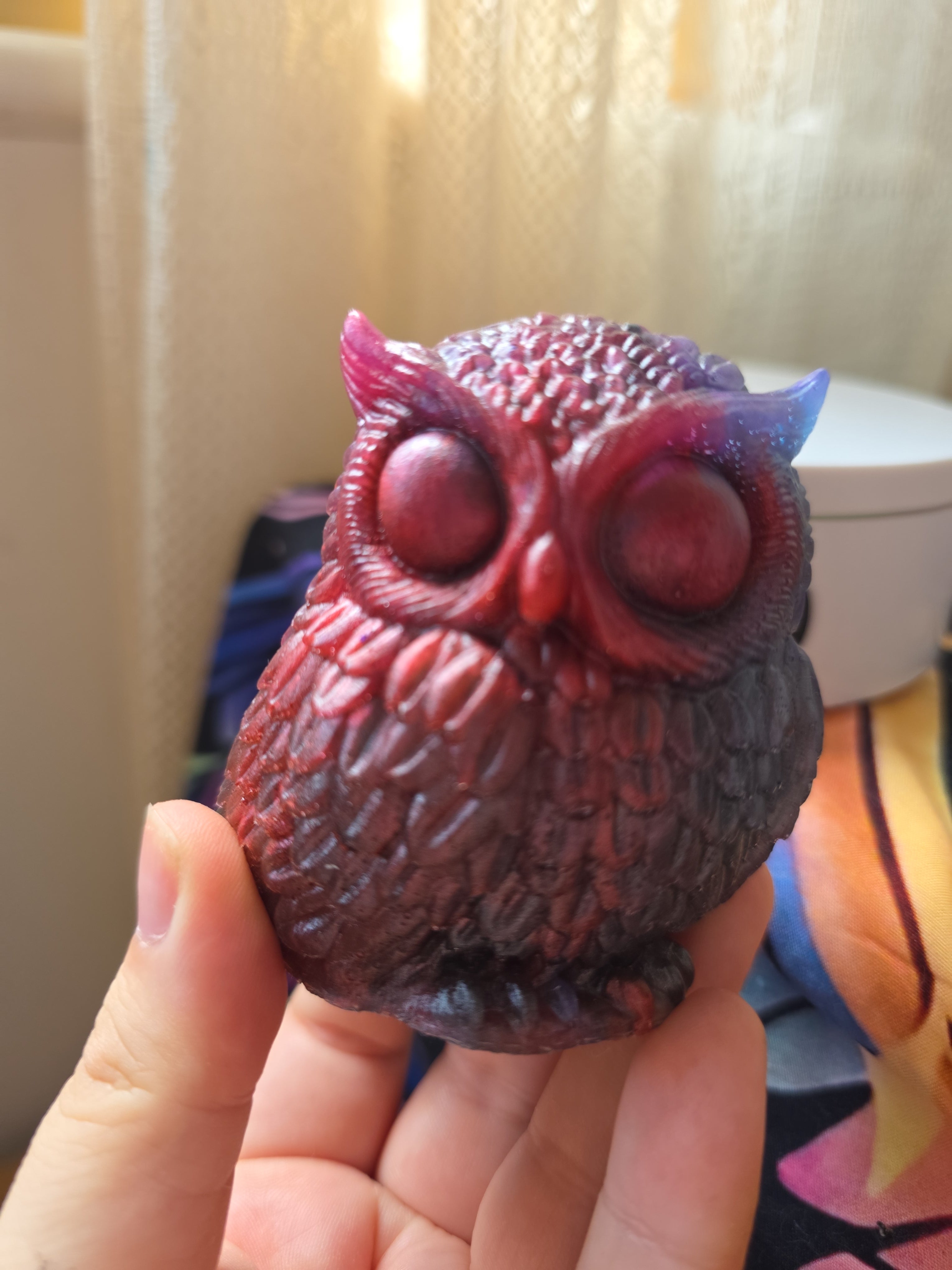 Mystical Owl Sculpture – Handmade Resin Owl Ornament | Burgundy & Black