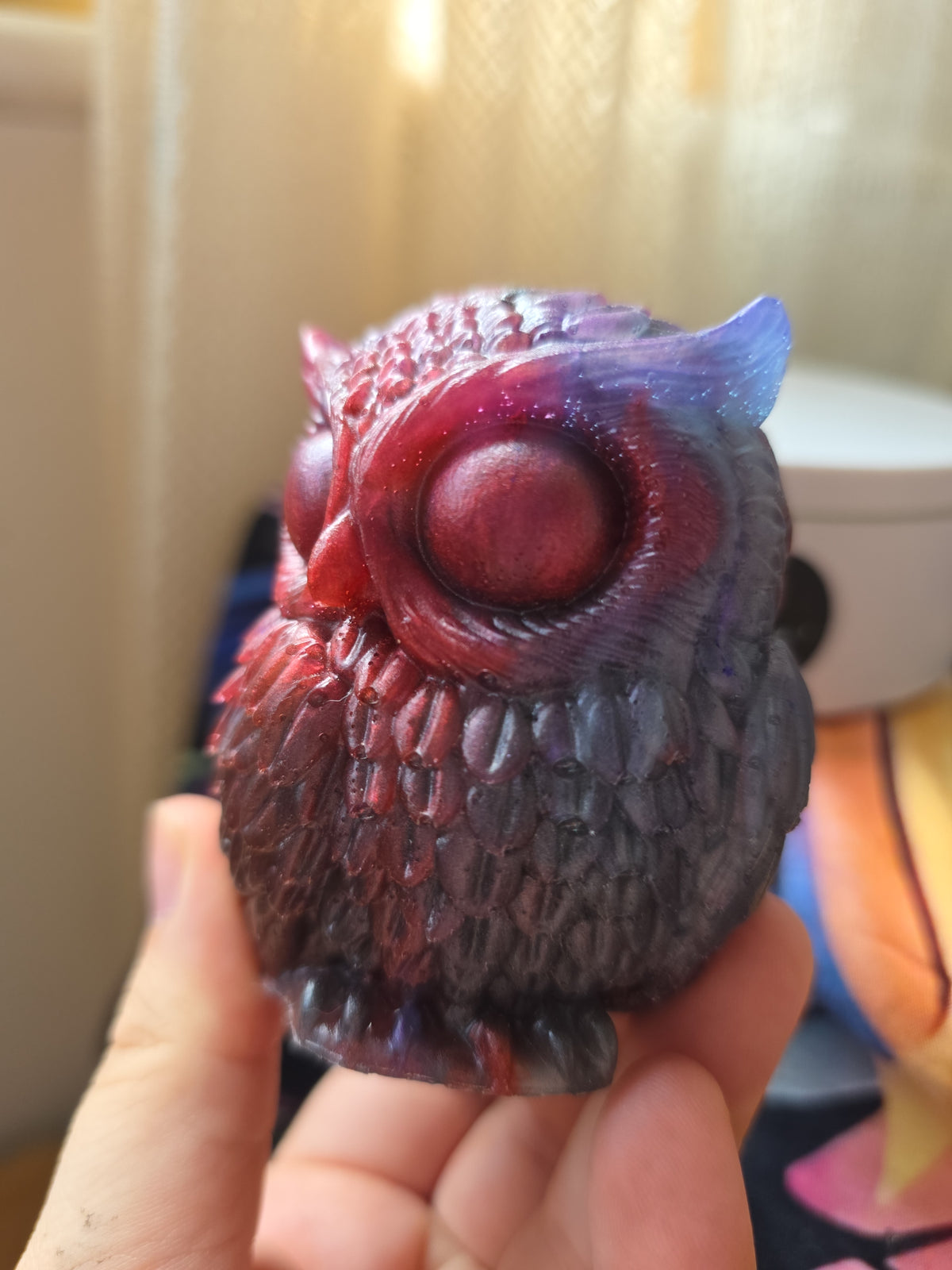 Mystical Owl Sculpture – Handmade Resin Owl Ornament | Burgundy & Black