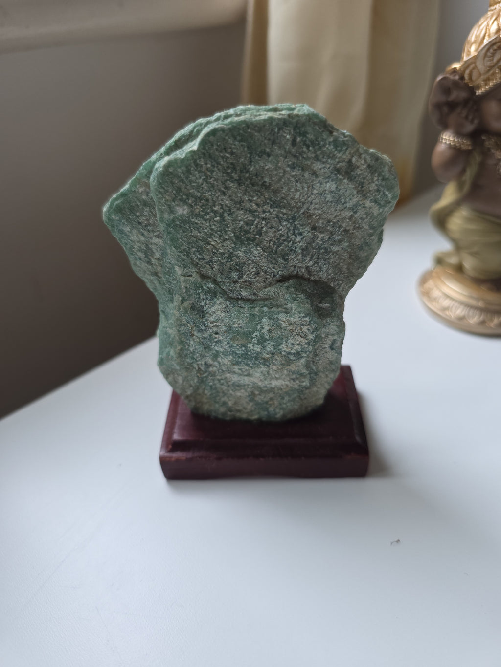 Natural Raw Fuchsite on Wooden Stand | Green Mica Mineral Specimen