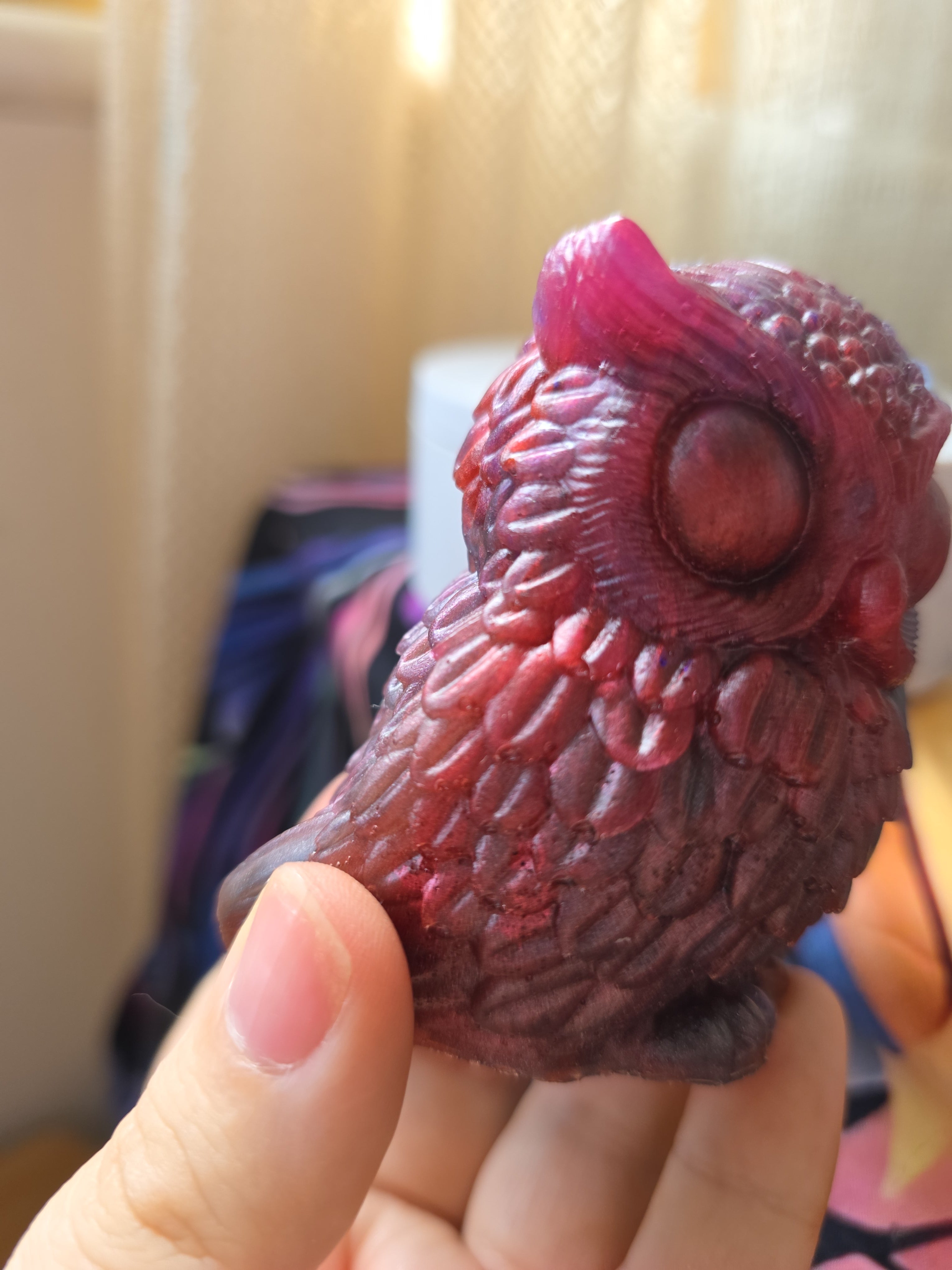 Mystical Owl Sculpture – Handmade Resin Owl Ornament | Burgundy & Black