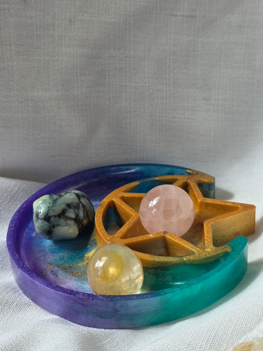 Celestial Moon & Star Trinket Dish | Handmade Resin Crystal Tray | Spiritual Decor & Jewellery Holder