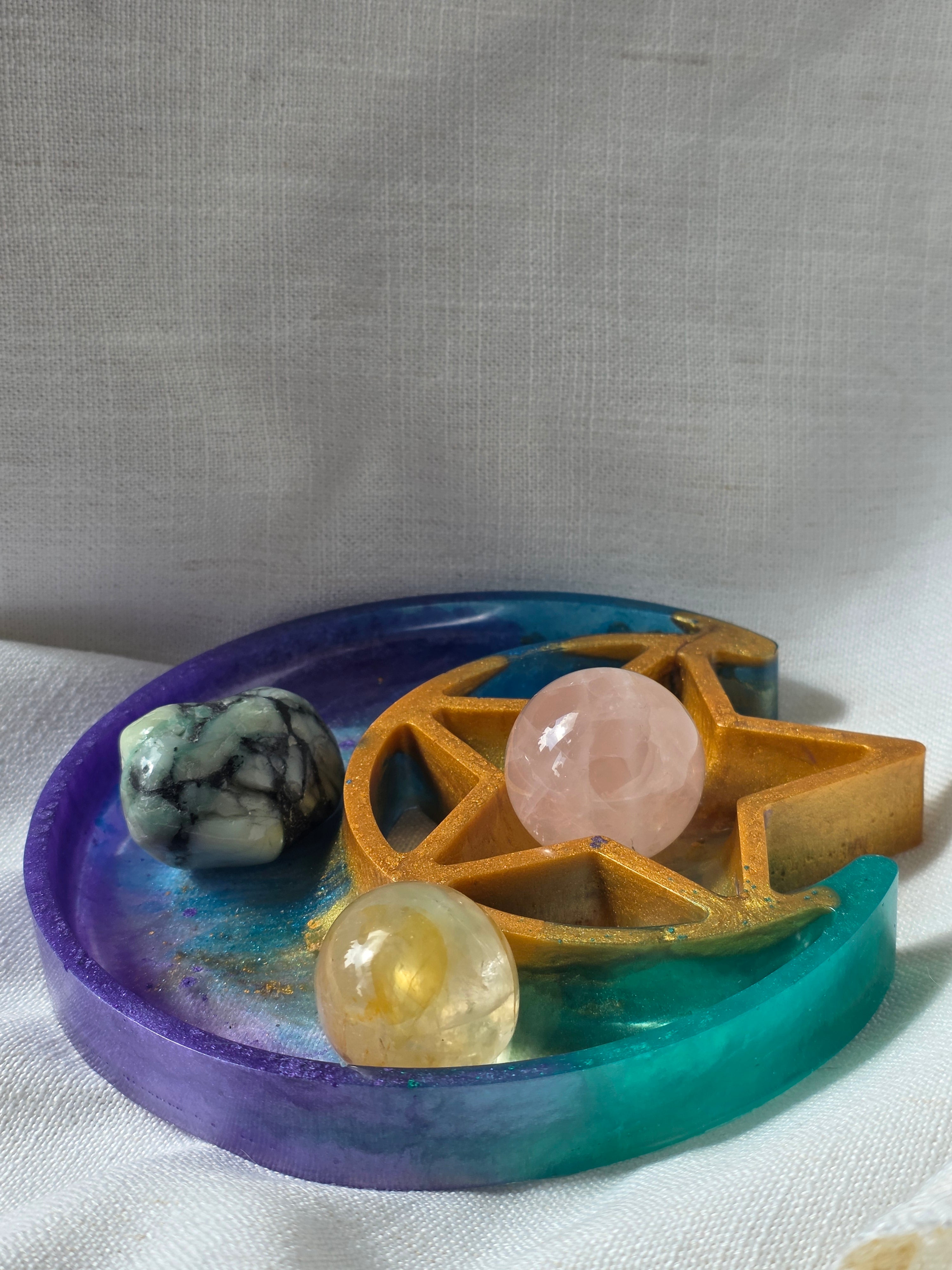Celestial Moon & Star Trinket Dish | Handmade Resin Crystal Tray | Spiritual Decor & Jewellery Holder