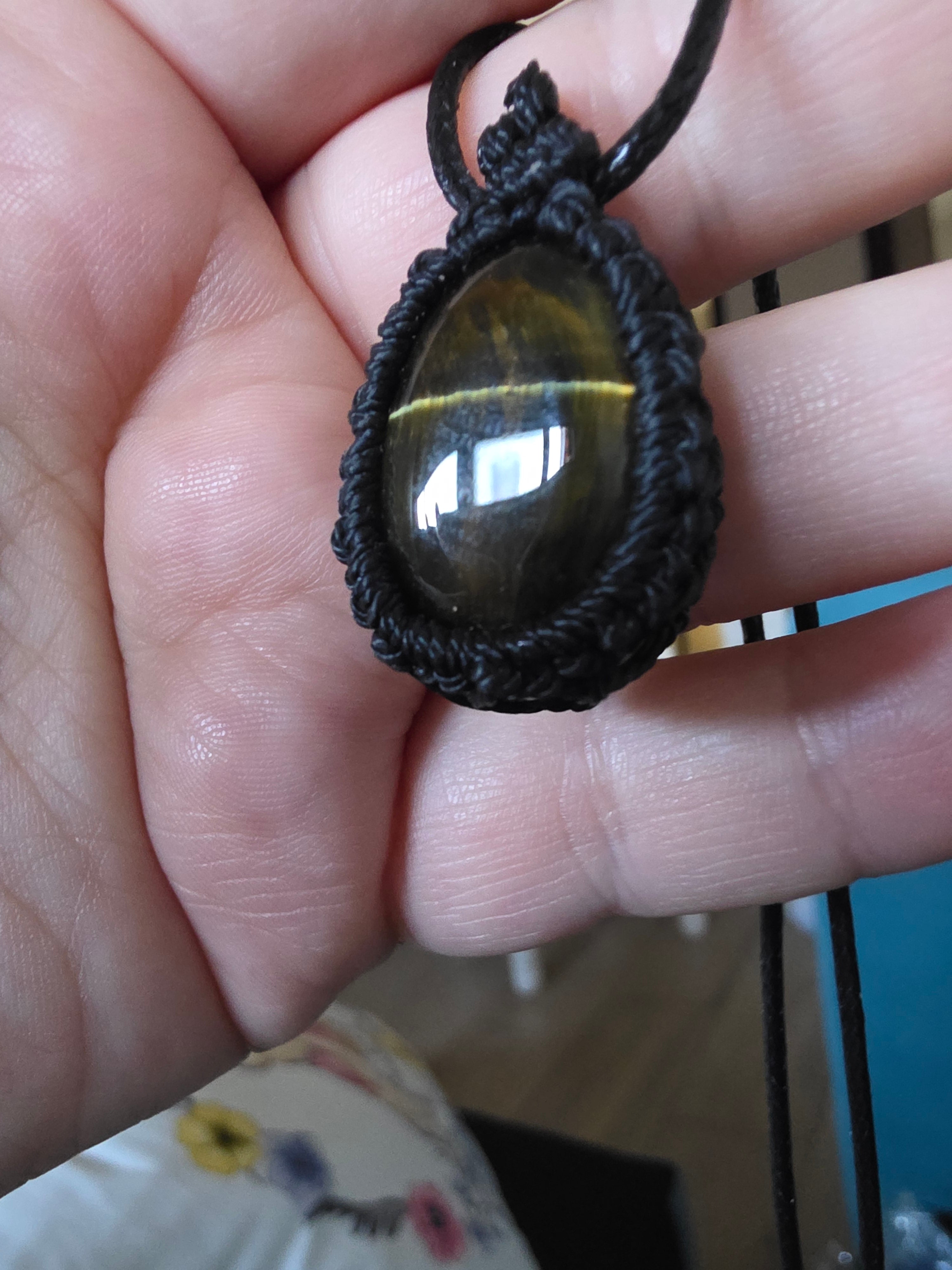 Tiger’s Eye Crystal Necklace – Black Macramé Wrapped Stone Pendant