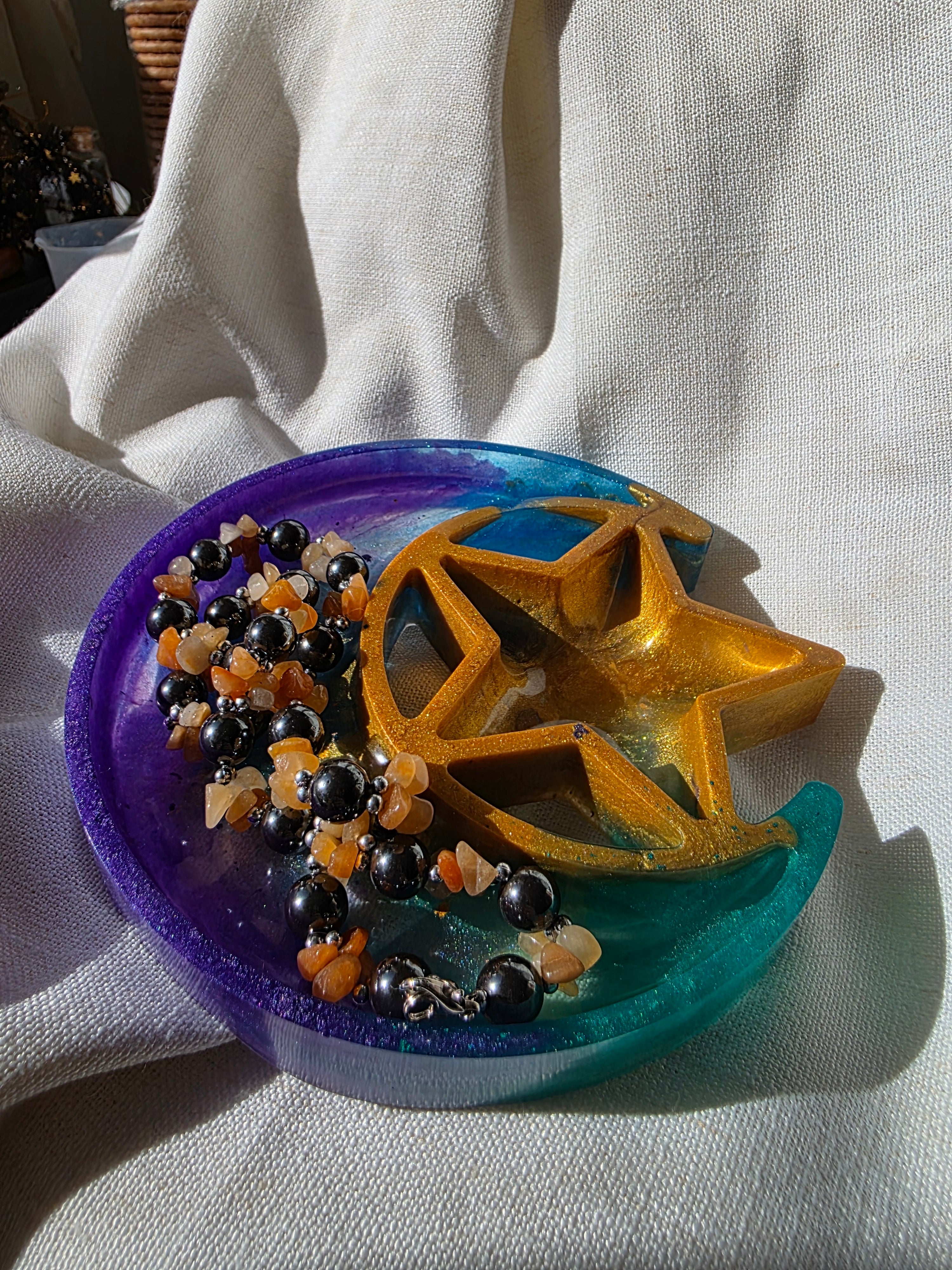 Celestial Moon & Star Trinket Dish | Handmade Resin Crystal Tray | Spiritual Decor & Jewellery Holder